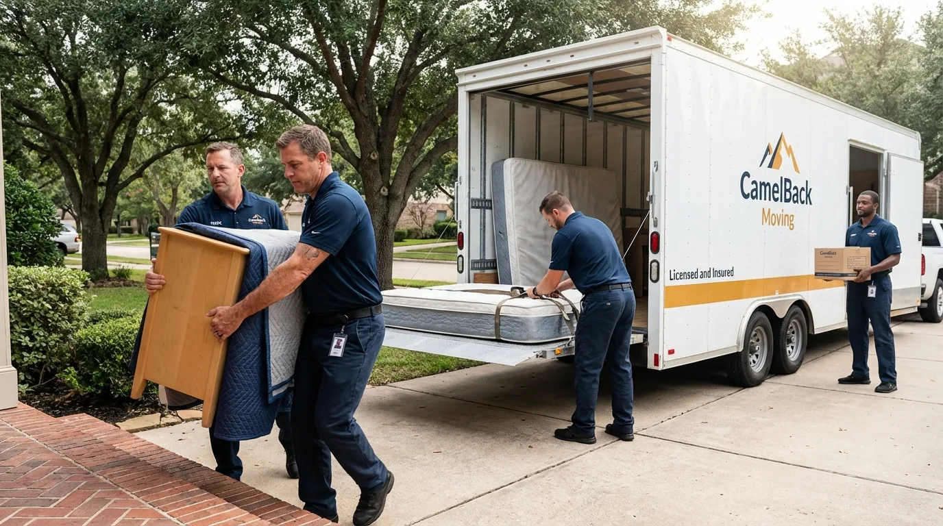 Crew loading residential truck for cross-state move from Caledonia, WI