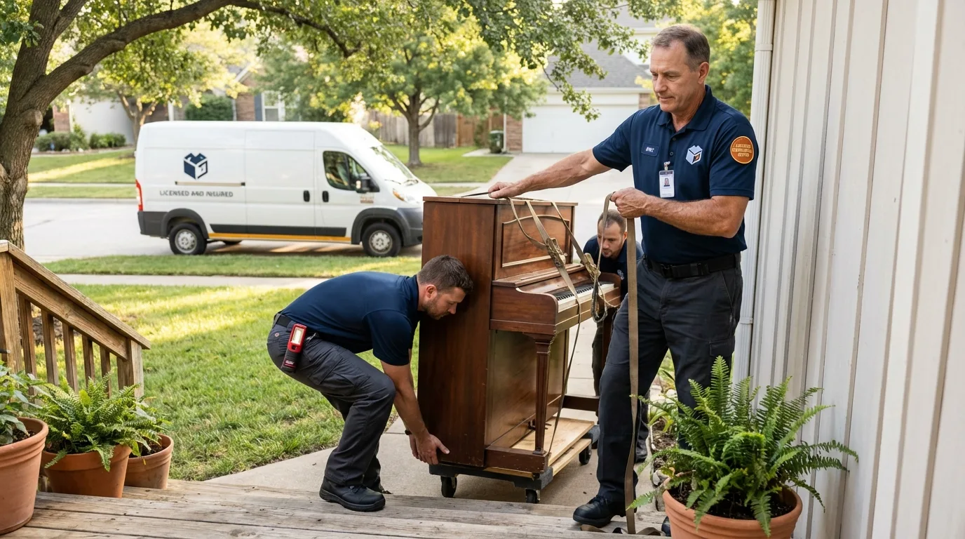 Licensed piano movers securing grand piano in Caledonia, WI