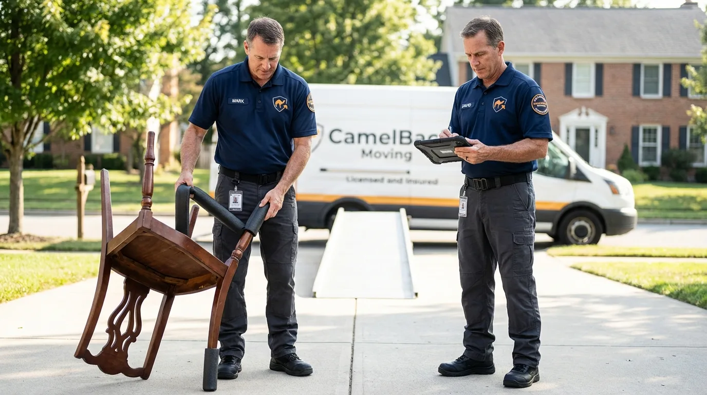 Movers inspecting furniture for damage prevention before loading in Caledonia, WI