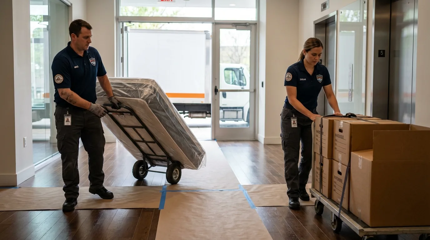 Professional apartment movers loading elevator in Caledonia, WI