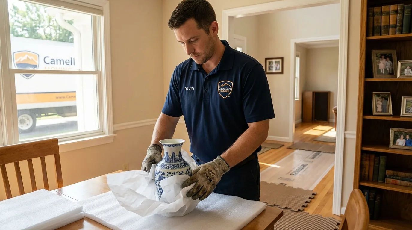 Professional crew carefully wrapping antique vase for senior downsizing move in Caledonia, WI