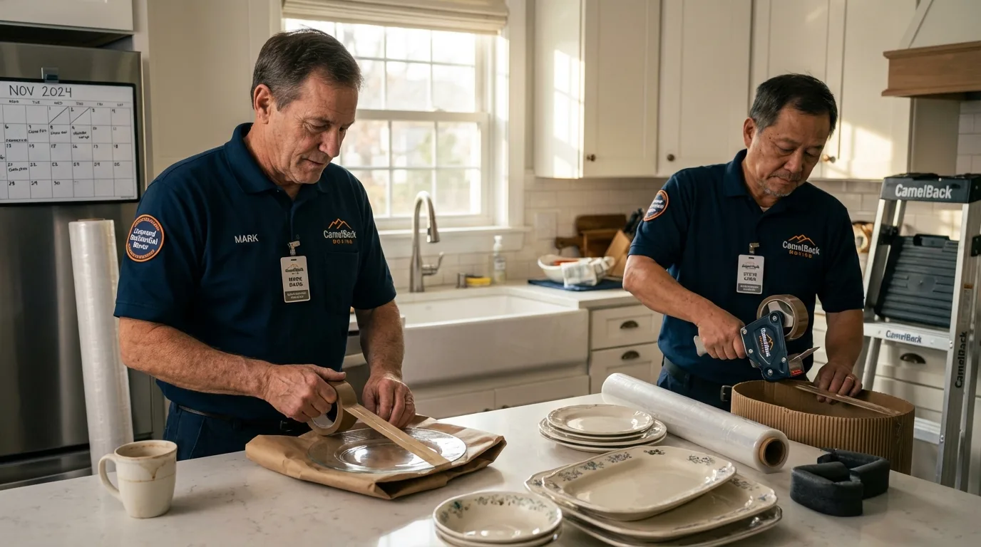 Professional crew packing kitchen dishware in Caledonia, WI